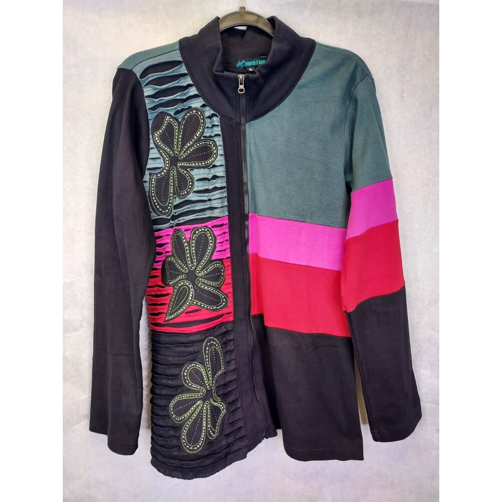 Leopards & Roses Jacket Women XL High Collar Full Zip Floral Cut Out Hippie Boho